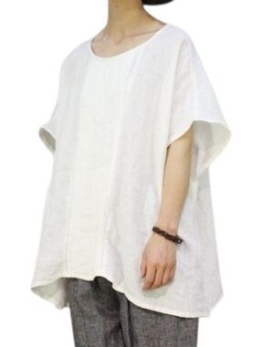 SAGA White Italian Linen Oversized Top In L